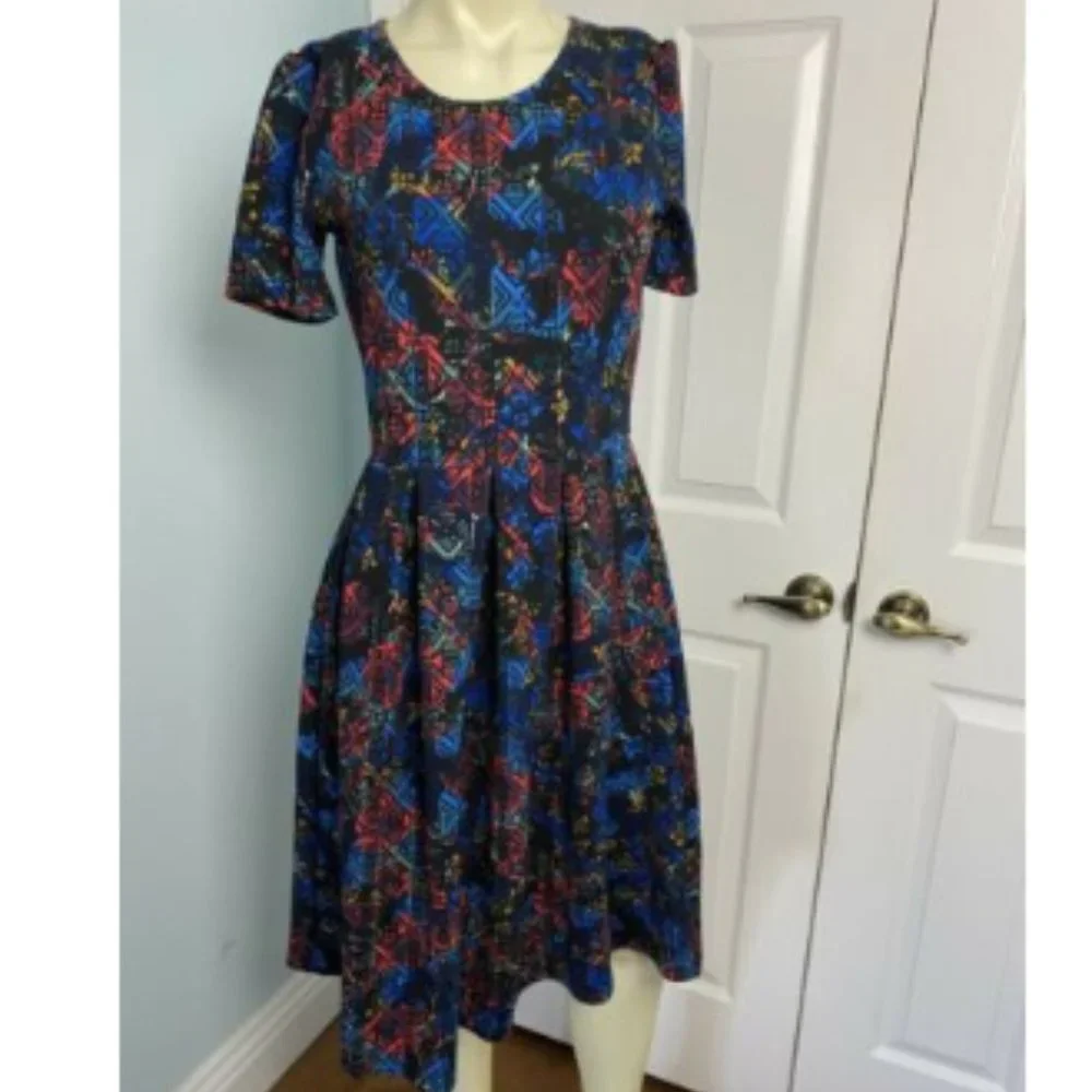 LuLaRoe Amelia Dress Size Small (6-8) Multicolor Geometric Design EUC